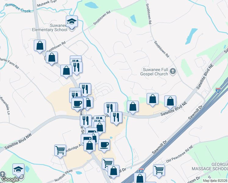 map of restaurants, bars, coffee shops, grocery stores, and more near 99 Privet Circle in Suwanee