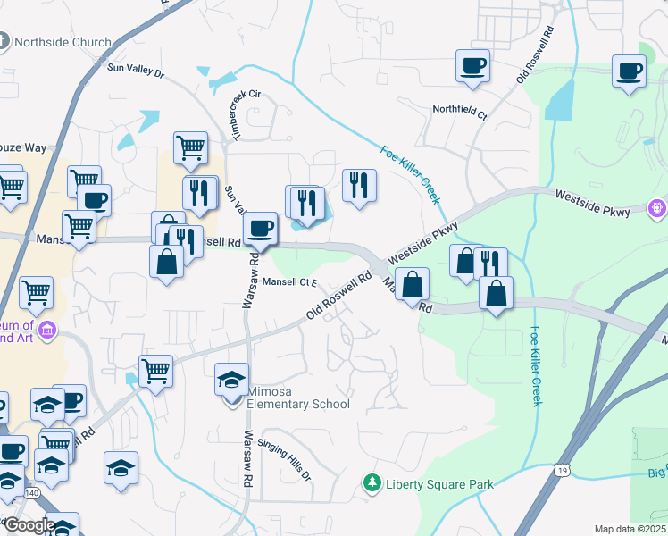 map of restaurants, bars, coffee shops, grocery stores, and more near 10 Mansell Court East in Roswell