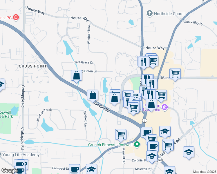 map of restaurants, bars, coffee shops, grocery stores, and more near 400 East Crossville Road in Roswell