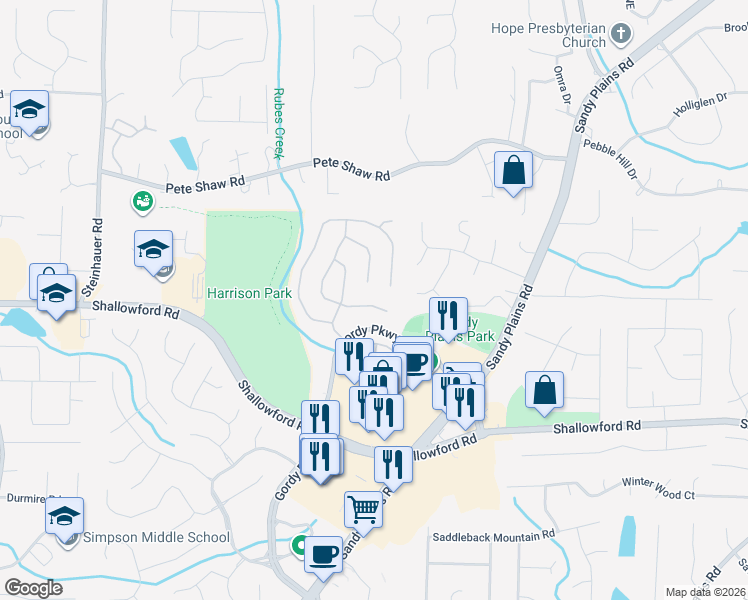 map of restaurants, bars, coffee shops, grocery stores, and more near 3906 Upland Way in Marietta