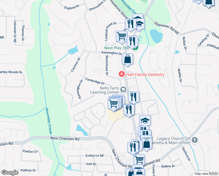 map of restaurants, bars, coffee shops, grocery stores, and more near 644 Cambridge Drive in Marietta