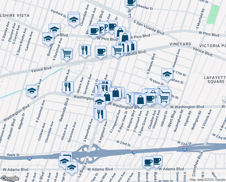 map of restaurants, bars, coffee shops, grocery stores, and more near 1820 South La Brea Avenue in Los Angeles