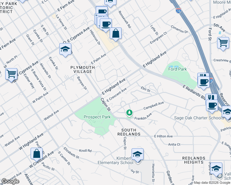 map of restaurants, bars, coffee shops, grocery stores, and more near 49 East Crescent Avenue in Redlands