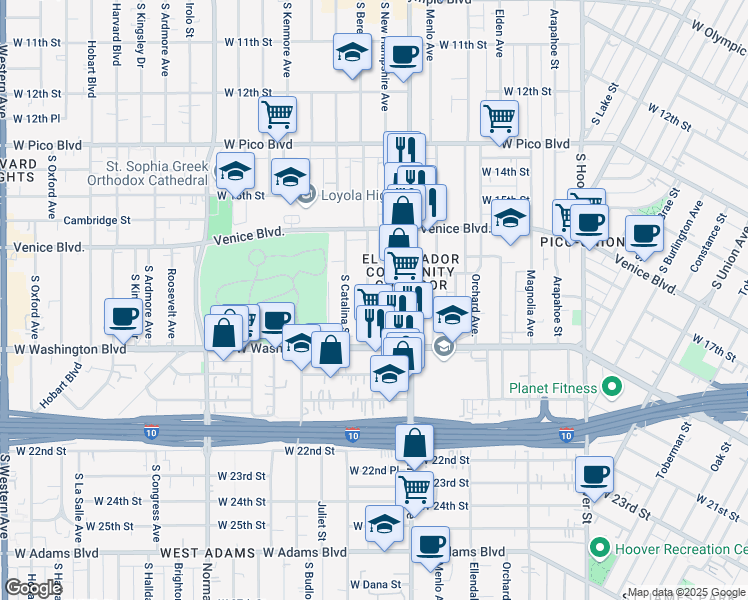 map of restaurants, bars, coffee shops, grocery stores, and more near 1738 South Berendo Street in Los Angeles