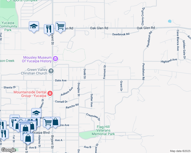map of restaurants, bars, coffee shops, grocery stores, and more near 35625 Persimmon Street in Yucaipa
