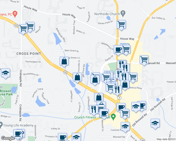 map of restaurants, bars, coffee shops, grocery stores, and more near 103 Mill Pond Road in Roswell