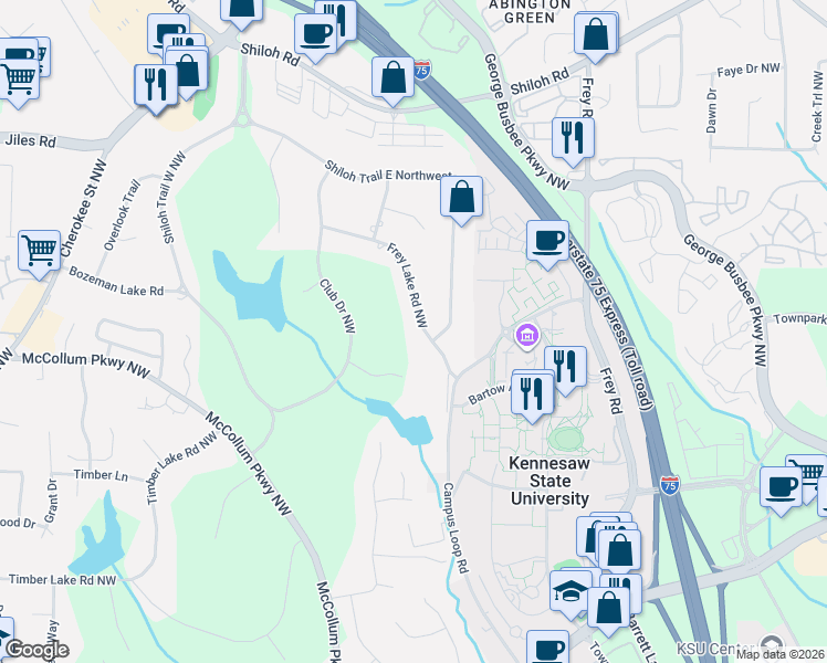 map of restaurants, bars, coffee shops, grocery stores, and more near 1293 Frey Lake Court in Kennesaw