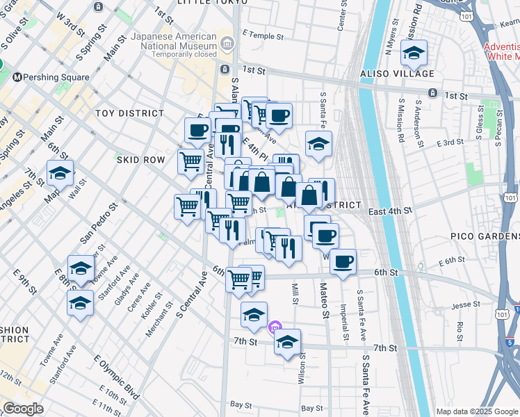 map of restaurants, bars, coffee shops, grocery stores, and more near 1135 East 5th Street in Los Angeles