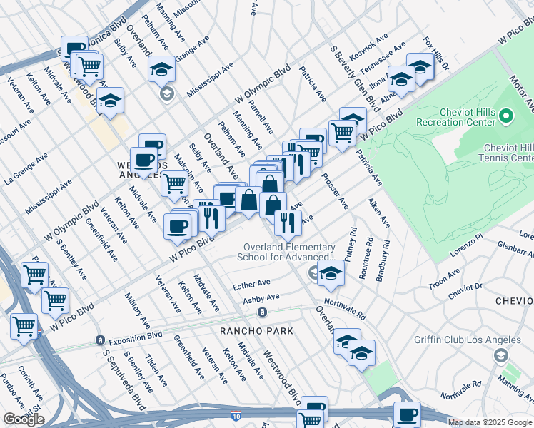 map of restaurants, bars, coffee shops, grocery stores, and more near 2443 Overland Avenue in Los Angeles