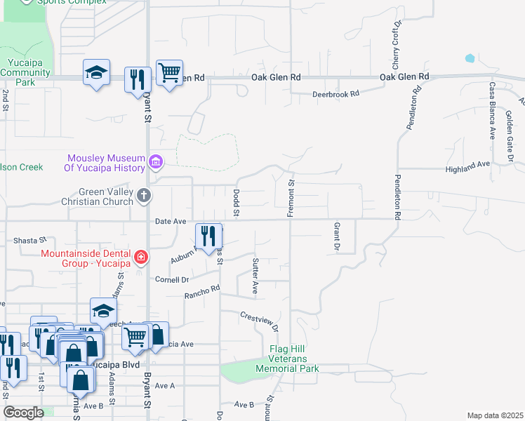 map of restaurants, bars, coffee shops, grocery stores, and more near 35625 Persimmon Street in Yucaipa