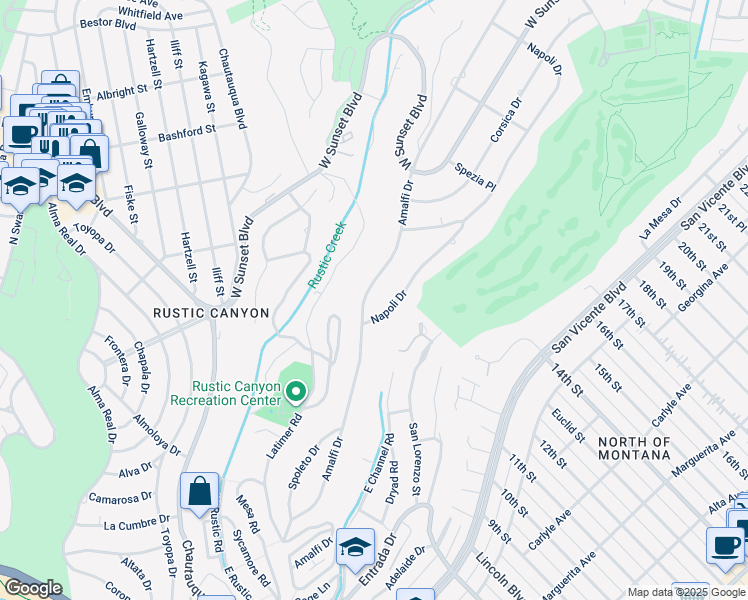 map of restaurants, bars, coffee shops, grocery stores, and more near 720 Amalfi Drive in Los Angeles