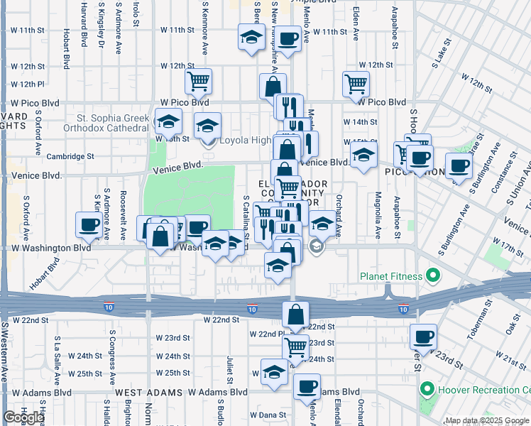 map of restaurants, bars, coffee shops, grocery stores, and more near 1738 South Berendo Street in Los Angeles