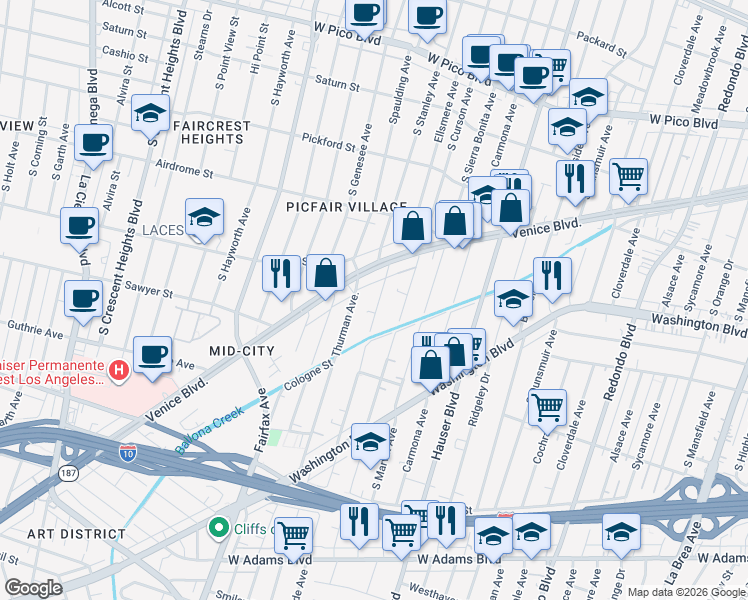 map of restaurants, bars, coffee shops, grocery stores, and more near 1849 Clyde Avenue in Los Angeles