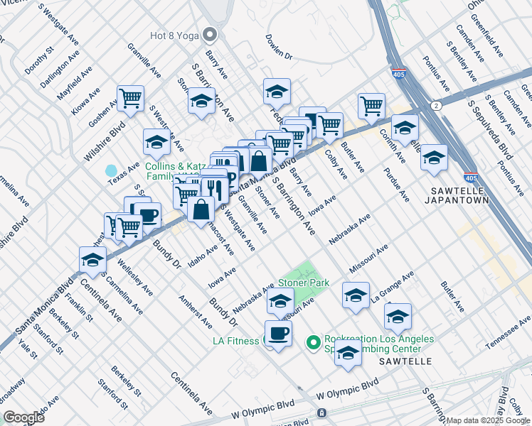 map of restaurants, bars, coffee shops, grocery stores, and more near 11764 Idaho Avenue in Los Angeles