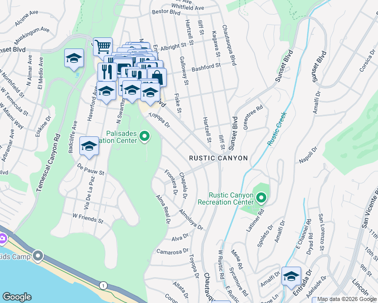 map of restaurants, bars, coffee shops, grocery stores, and more near 745 Toyopa Drive in Los Angeles