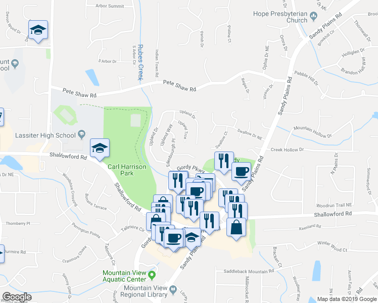 map of restaurants, bars, coffee shops, grocery stores, and more near 3906 Upland Way in Marietta
