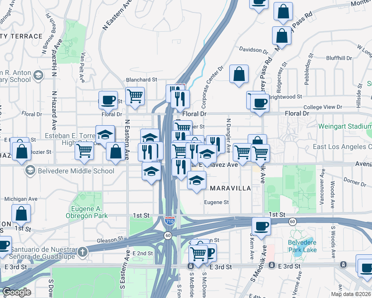 map of restaurants, bars, coffee shops, grocery stores, and more near 4521 Dozier Street in East Los Angeles