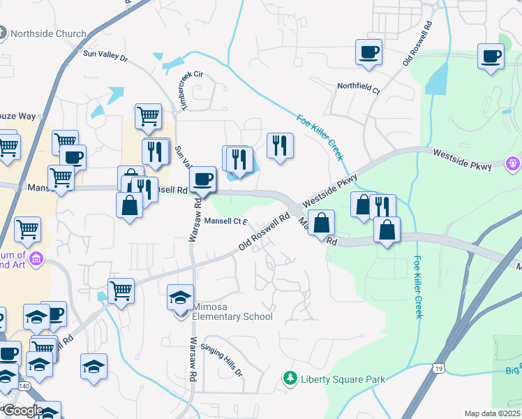 map of restaurants, bars, coffee shops, grocery stores, and more near 200 Mansell Court East in Roswell