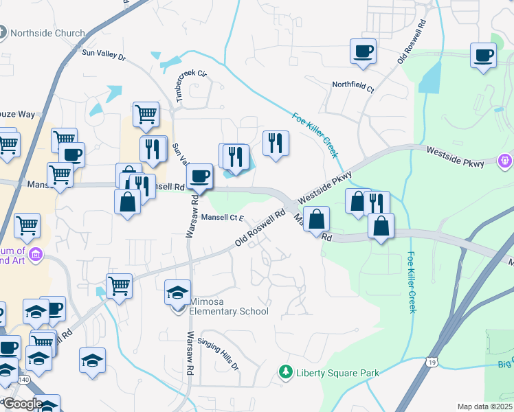 map of restaurants, bars, coffee shops, grocery stores, and more near 200 Mansell Court East in Roswell