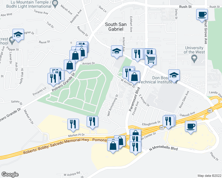 map of restaurants, bars, coffee shops, grocery stores, and more near 1721 Neil Armstrong Street in Montebello