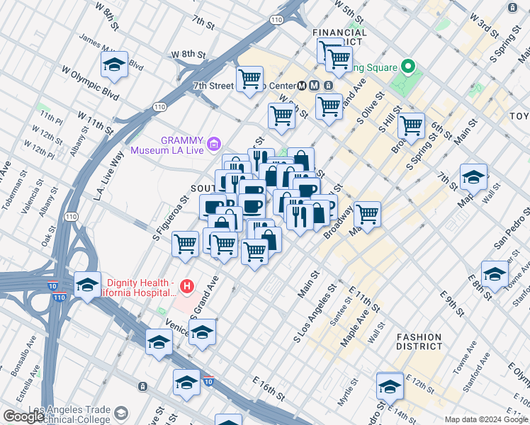 map of restaurants, bars, coffee shops, grocery stores, and more near 1050 South Grand Avenue in Los Angeles