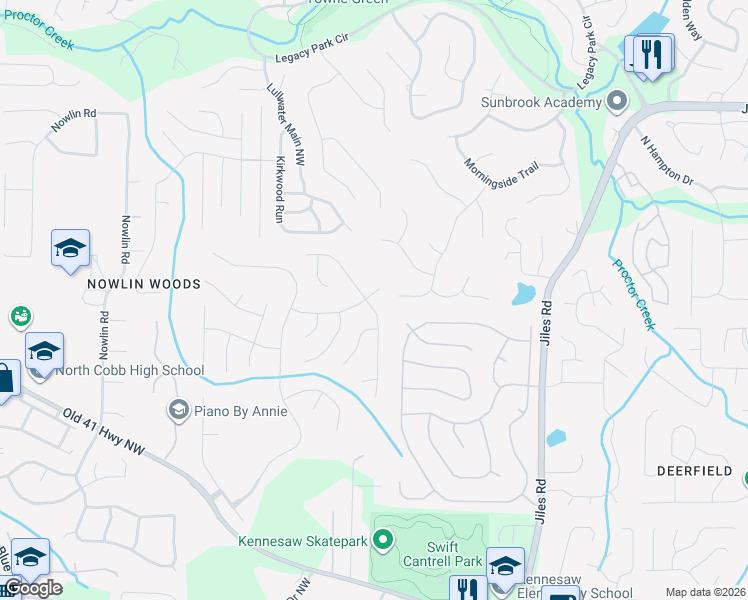 map of restaurants, bars, coffee shops, grocery stores, and more near 3160 Elmendorf Drive Northwest in Kennesaw