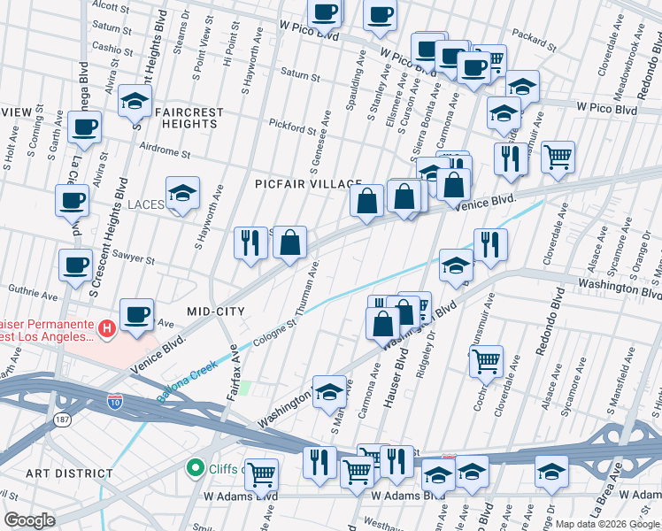 map of restaurants, bars, coffee shops, grocery stores, and more near 1849 Clyde Avenue in Los Angeles