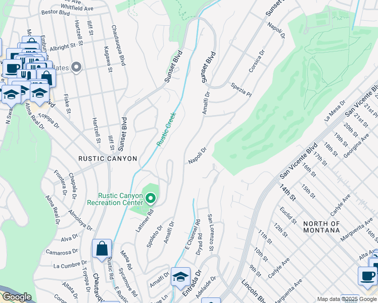 map of restaurants, bars, coffee shops, grocery stores, and more near 720 Amalfi Drive in Los Angeles