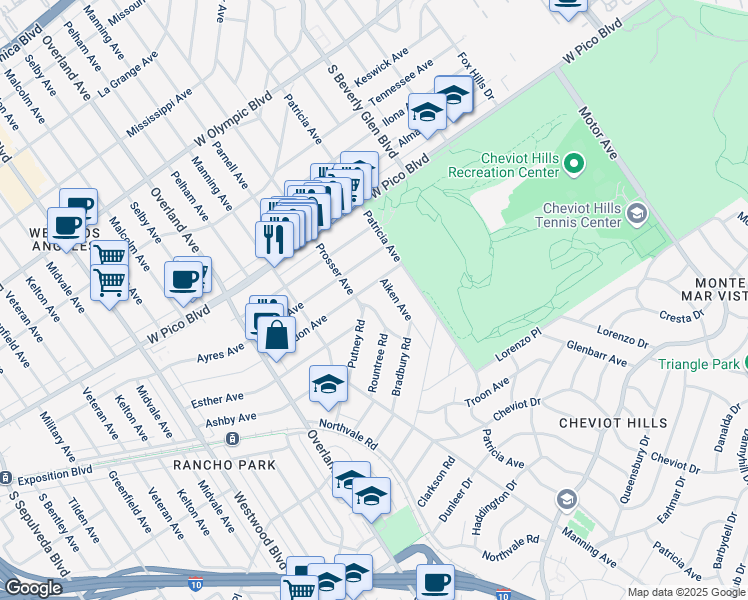 map of restaurants, bars, coffee shops, grocery stores, and more near 10532 Esther Avenue in Los Angeles