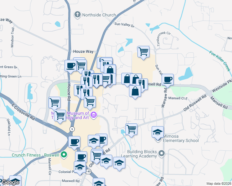 map of restaurants, bars, coffee shops, grocery stores, and more near 261 Roswell Commons Circle in Roswell