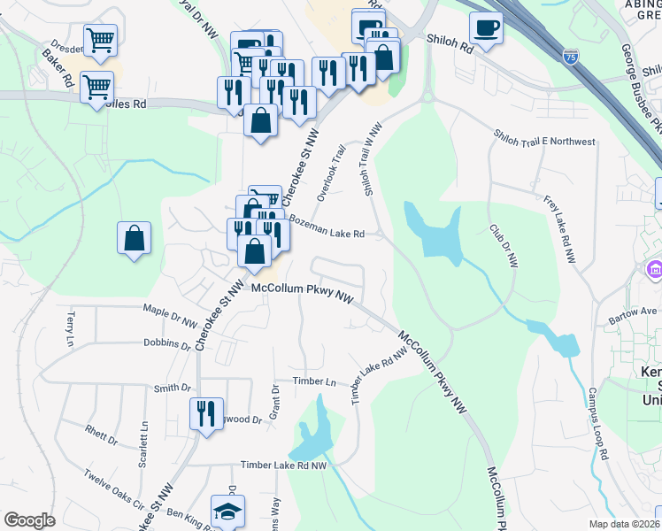 map of restaurants, bars, coffee shops, grocery stores, and more near 5095 Sand Wedge Circle in Kennesaw