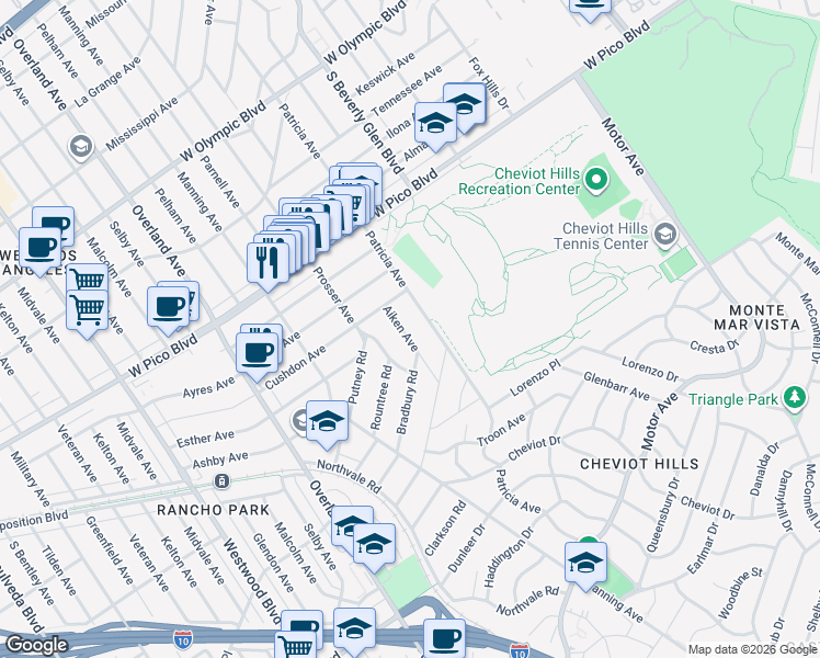 map of restaurants, bars, coffee shops, grocery stores, and more near 2538 Aiken Avenue in Los Angeles