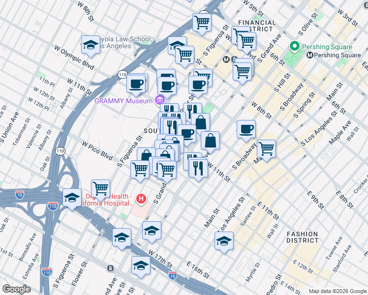 map of restaurants, bars, coffee shops, grocery stores, and more near 1111 South Grand Avenue in Los Angeles