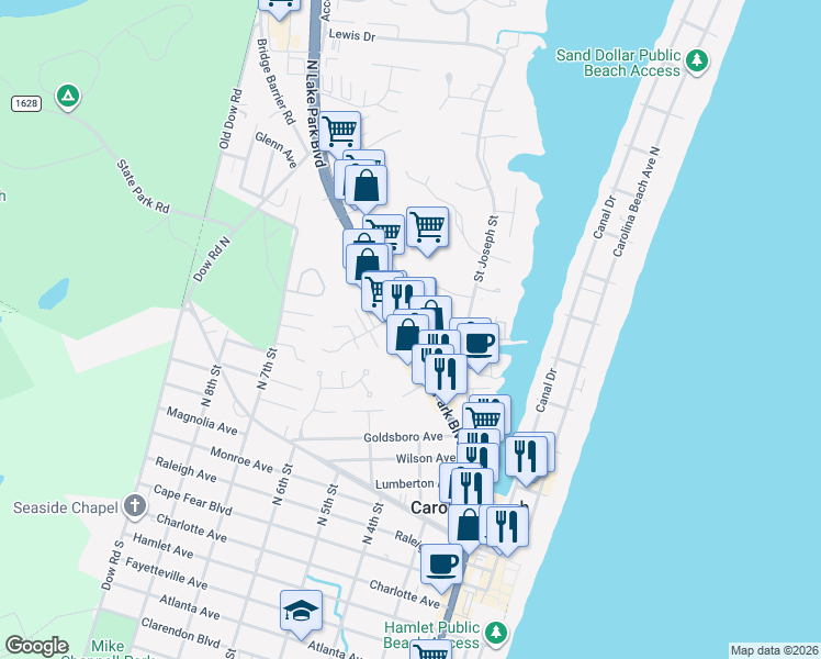 map of restaurants, bars, coffee shops, grocery stores, and more near 811 N Lake Park Blvd in Carolina Beach