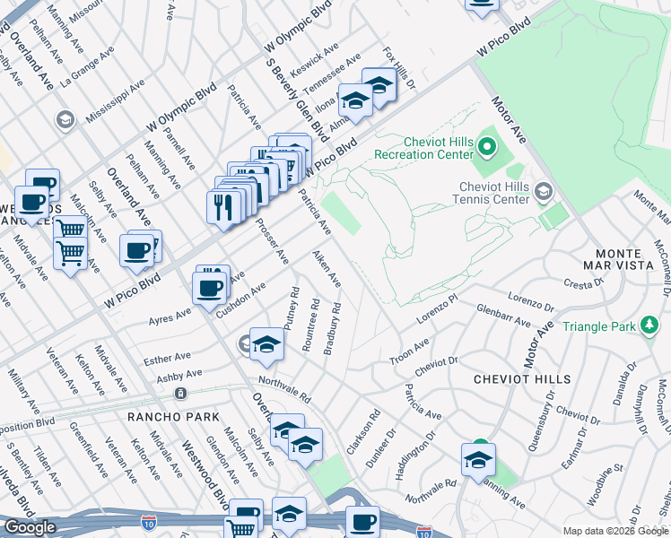 map of restaurants, bars, coffee shops, grocery stores, and more near 2538 Aiken Avenue in Los Angeles