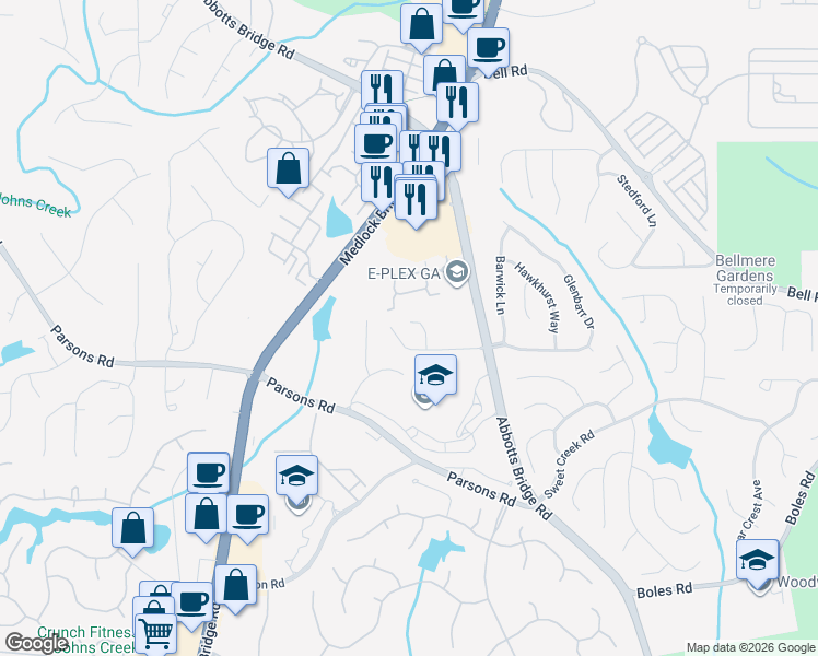 map of restaurants, bars, coffee shops, grocery stores, and more near 385 Abbotts Mill Drive in Duluth