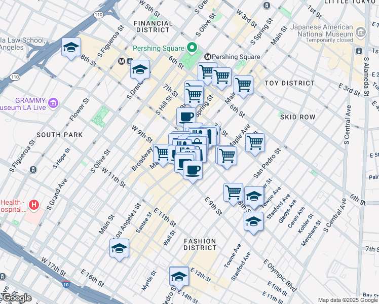 map of restaurants, bars, coffee shops, grocery stores, and more near 825 Santee Street in Los Angeles
