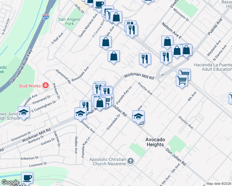 map of restaurants, bars, coffee shops, grocery stores, and more near 420 Workman Mill Road in La Puente