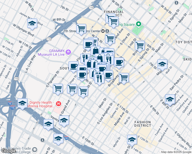 map of restaurants, bars, coffee shops, grocery stores, and more near 1020 South Olive Street in Los Angeles