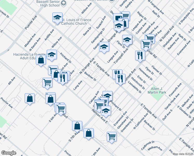 map of restaurants, bars, coffee shops, grocery stores, and more near 14429 Beckner Street in La Puente