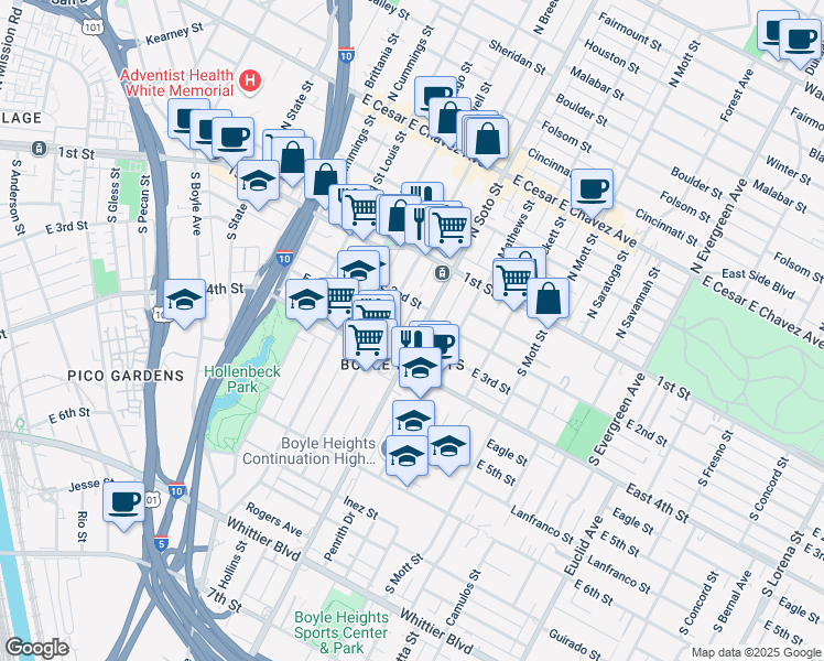 map of restaurants, bars, coffee shops, grocery stores, and more near 2302 East 2nd Street in Los Angeles