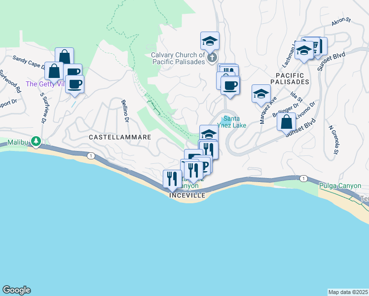 map of restaurants, bars, coffee shops, grocery stores, and more near 17335 Tramonto Drive in Los Angeles