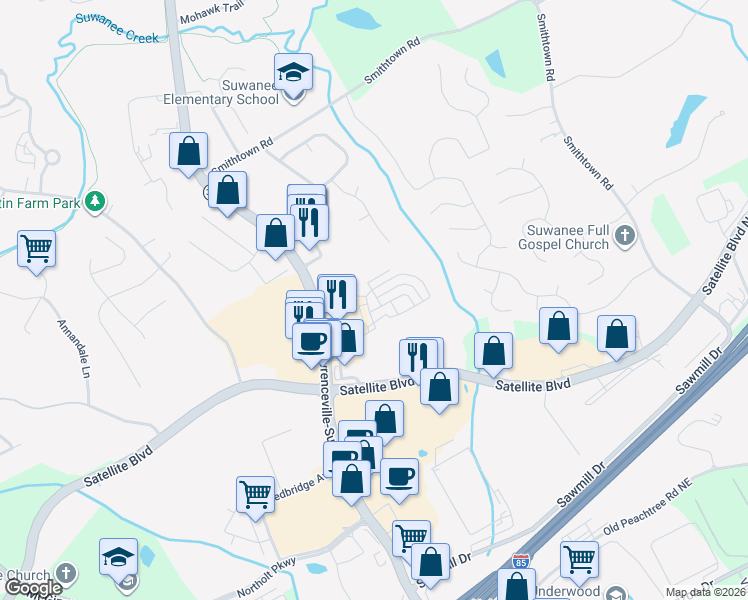 map of restaurants, bars, coffee shops, grocery stores, and more near 327 Myrtle Trace Lane in Suwanee