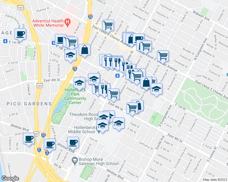 map of restaurants, bars, coffee shops, grocery stores, and more near 206 South Soto Street in Los Angeles
