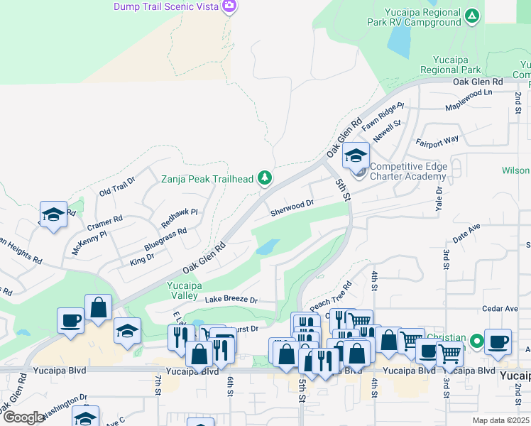 map of restaurants, bars, coffee shops, grocery stores, and more near 34232 Oak Glen Road in Yucaipa