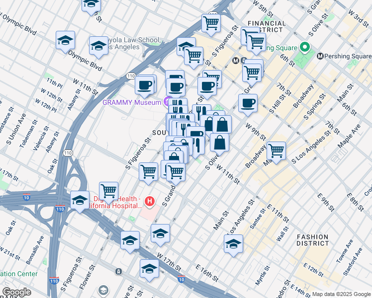 map of restaurants, bars, coffee shops, grocery stores, and more near 1091 South Hope Street in Los Angeles