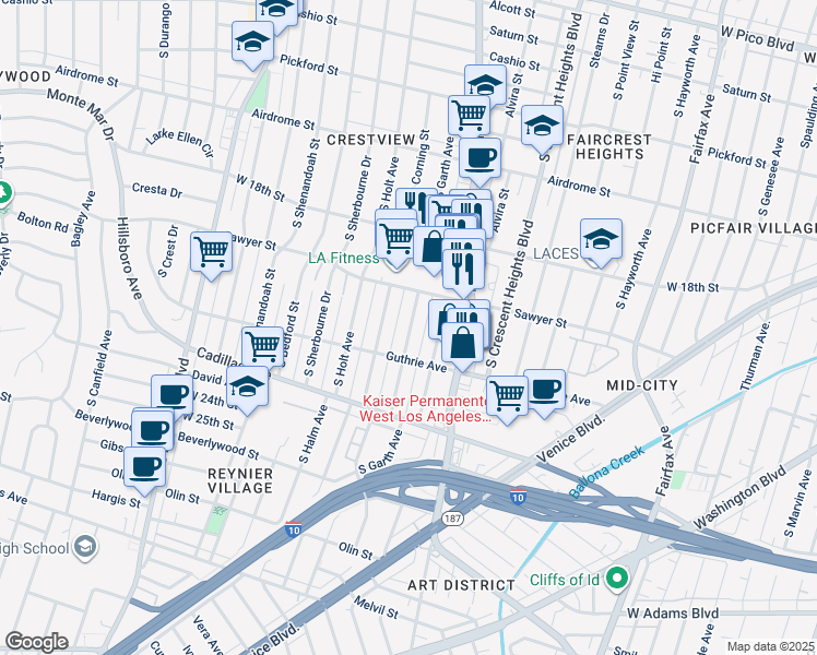 map of restaurants, bars, coffee shops, grocery stores, and more near 1916 South Garth Avenue in Los Angeles