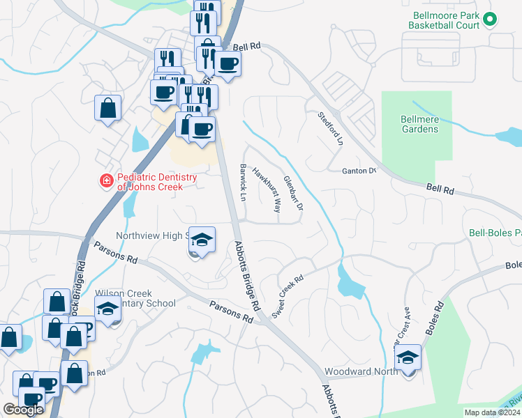 map of restaurants, bars, coffee shops, grocery stores, and more near 480 Leasingham Way in Duluth