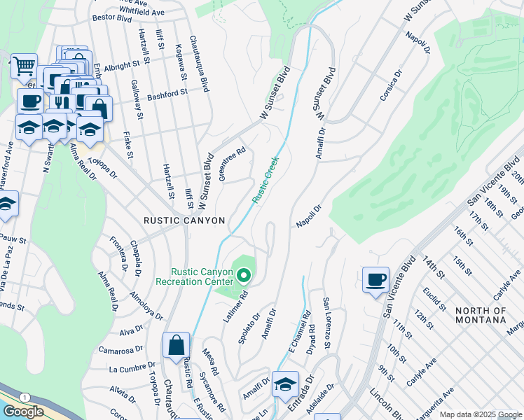 map of restaurants, bars, coffee shops, grocery stores, and more near 16 Latimer Road in Santa Monica