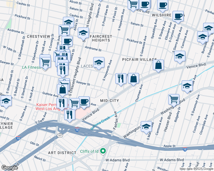 map of restaurants, bars, coffee shops, grocery stores, and more near 1849 South Fairfax Avenue in Los Angeles